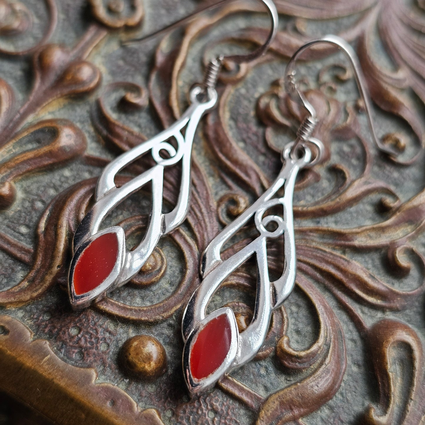 Sterling Silver & Carnelian Agate Celtic Style Drop Earrings