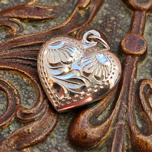 Vintage Silver Hand-Engraved Heart Bracelet Charm Pendant