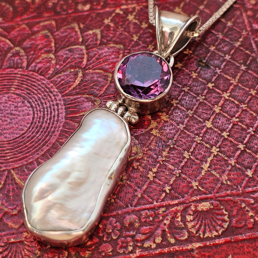 Sterling Silver Pearl and Purple Amethyst Necklace Pendant