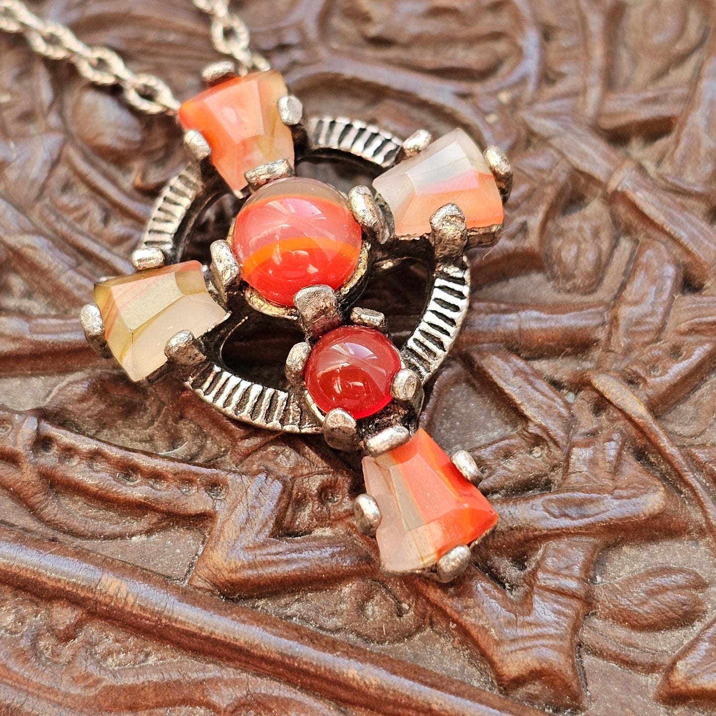 Vintage Pewter Celtic Cross Pendant with Banded Agate Pattern Glass Stones