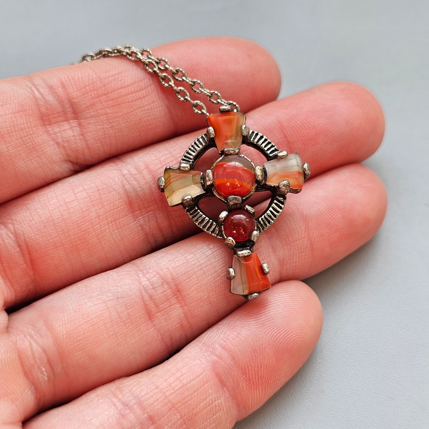 Vintage Pewter Celtic Cross Pendant with Banded Agate Pattern Glass Stones