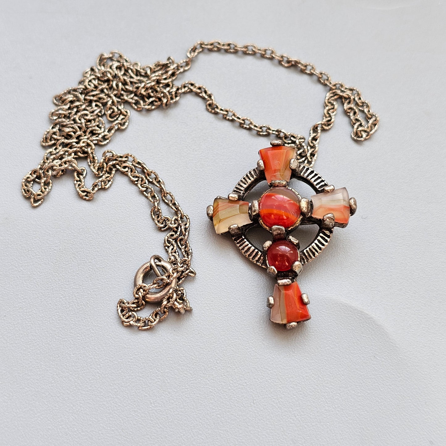 Vintage Pewter Celtic Cross Pendant with Banded Agate Pattern Glass Stones