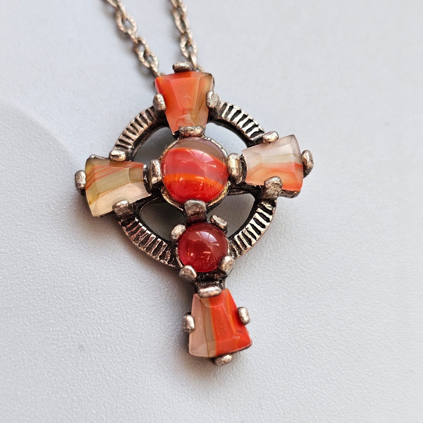 Vintage Pewter Celtic Cross Pendant with Banded Agate Pattern Glass Stones