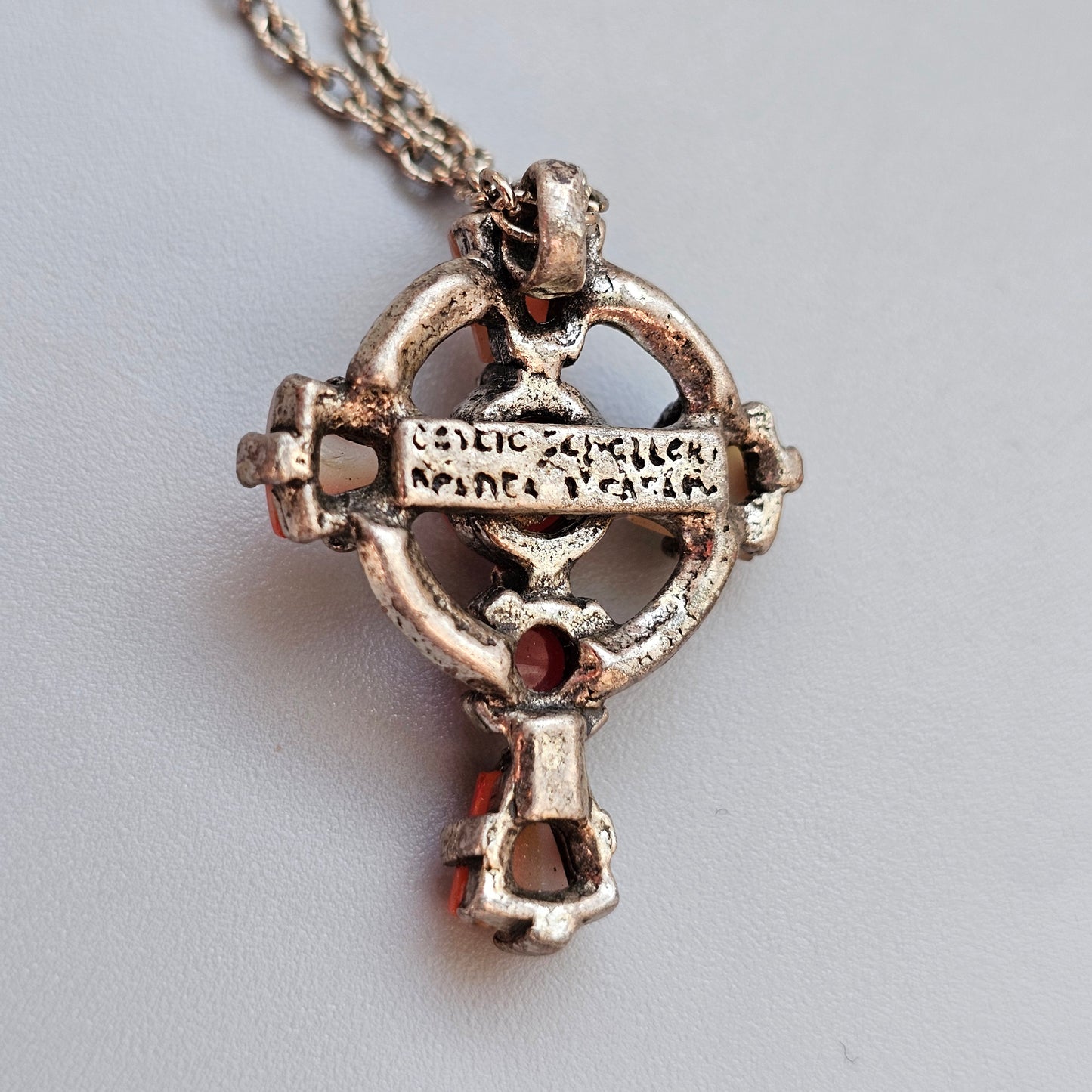 Vintage Pewter Celtic Cross Pendant with Banded Agate Pattern Glass Stones