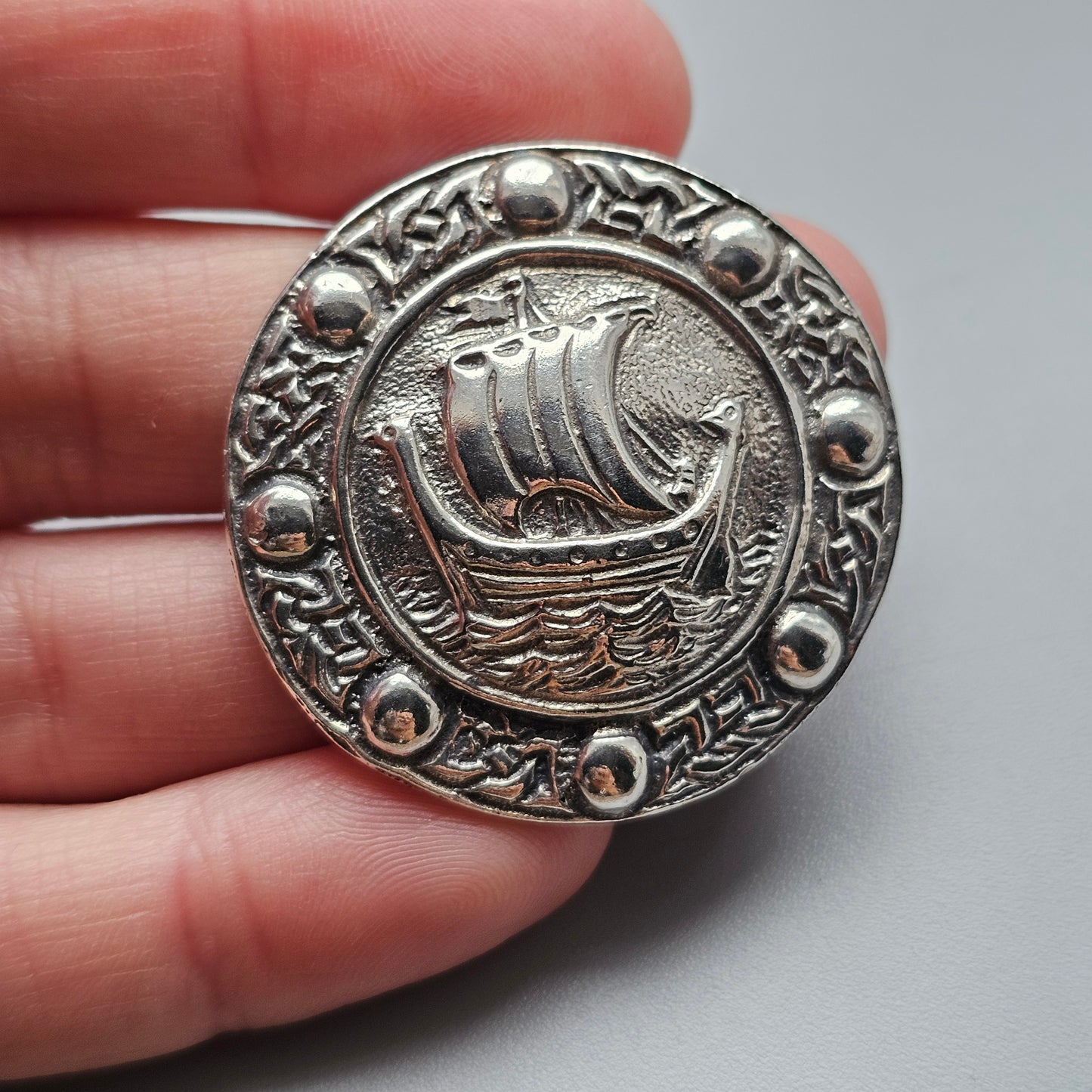 Vintage 1930s Hallmarked Sterling Silver Celtic Style Viking Ship Brooch