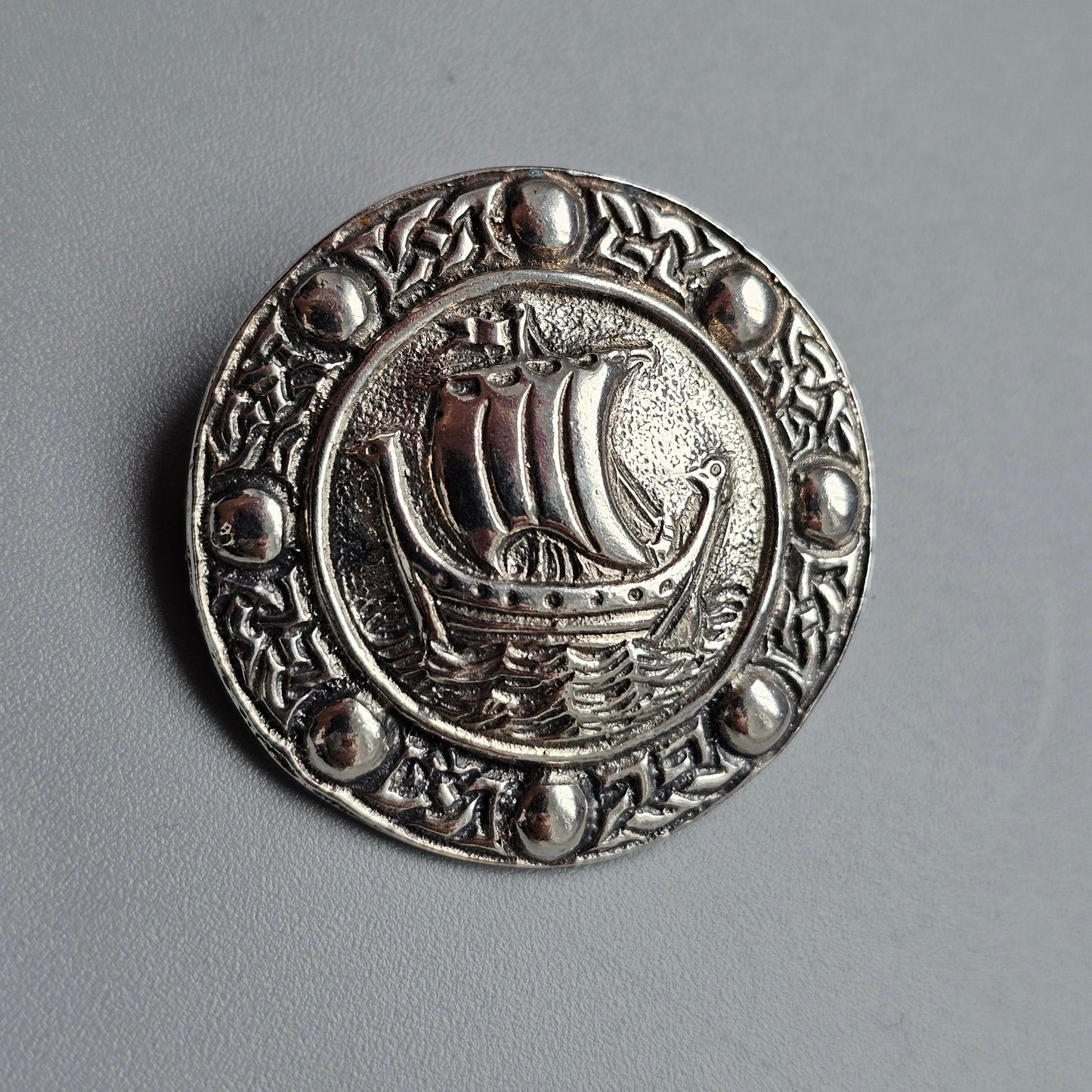 Vintage 1930s Hallmarked Sterling Silver Celtic Style Viking Ship Brooch