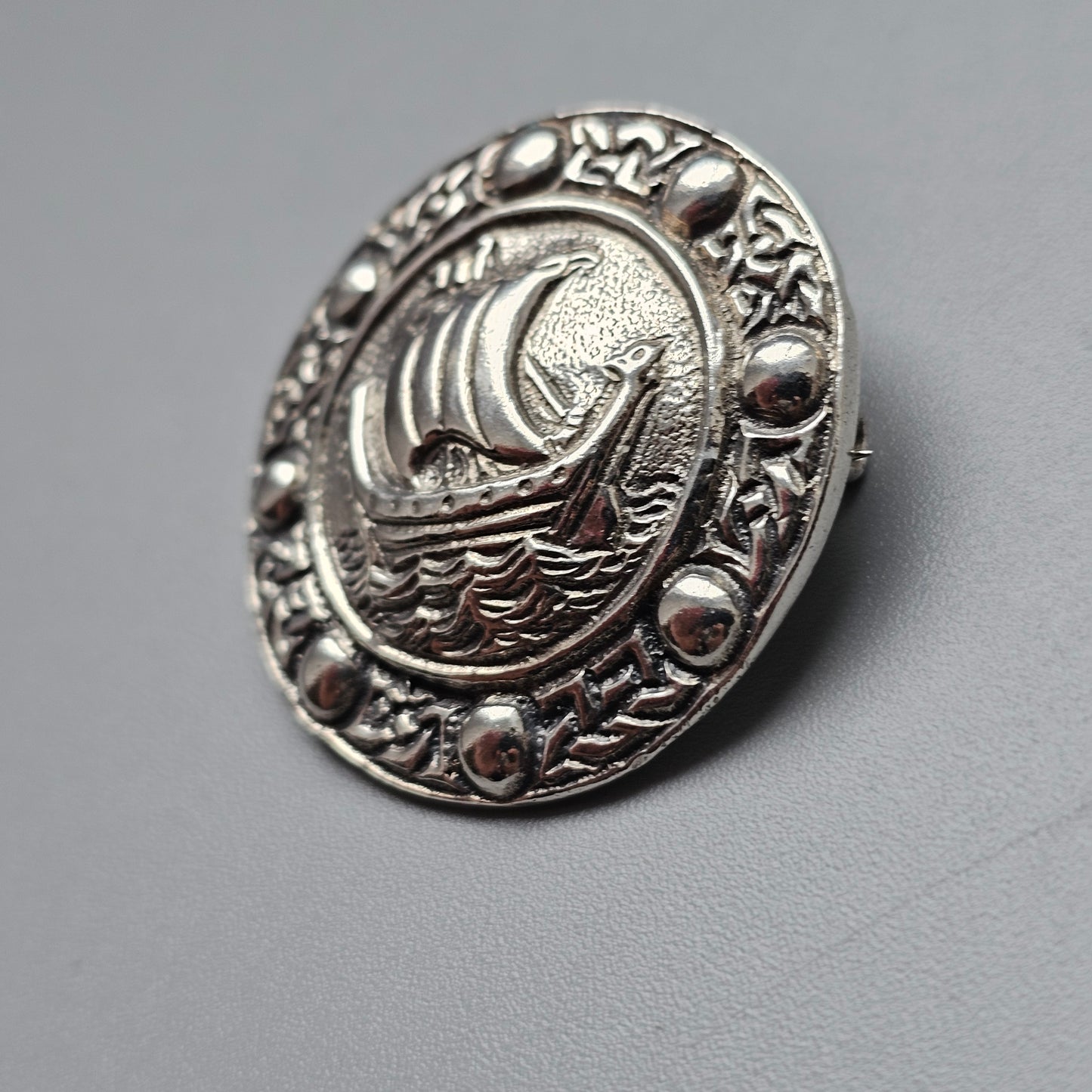 Vintage 1930s Hallmarked Sterling Silver Celtic Style Viking Ship Brooch