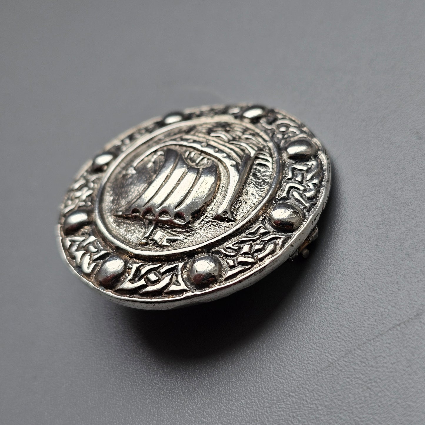 Vintage 1930s Hallmarked Sterling Silver Celtic Style Viking Ship Brooch