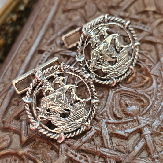 Vintage Portuguese Silver Nautical Galleon Ship Cufflinks
