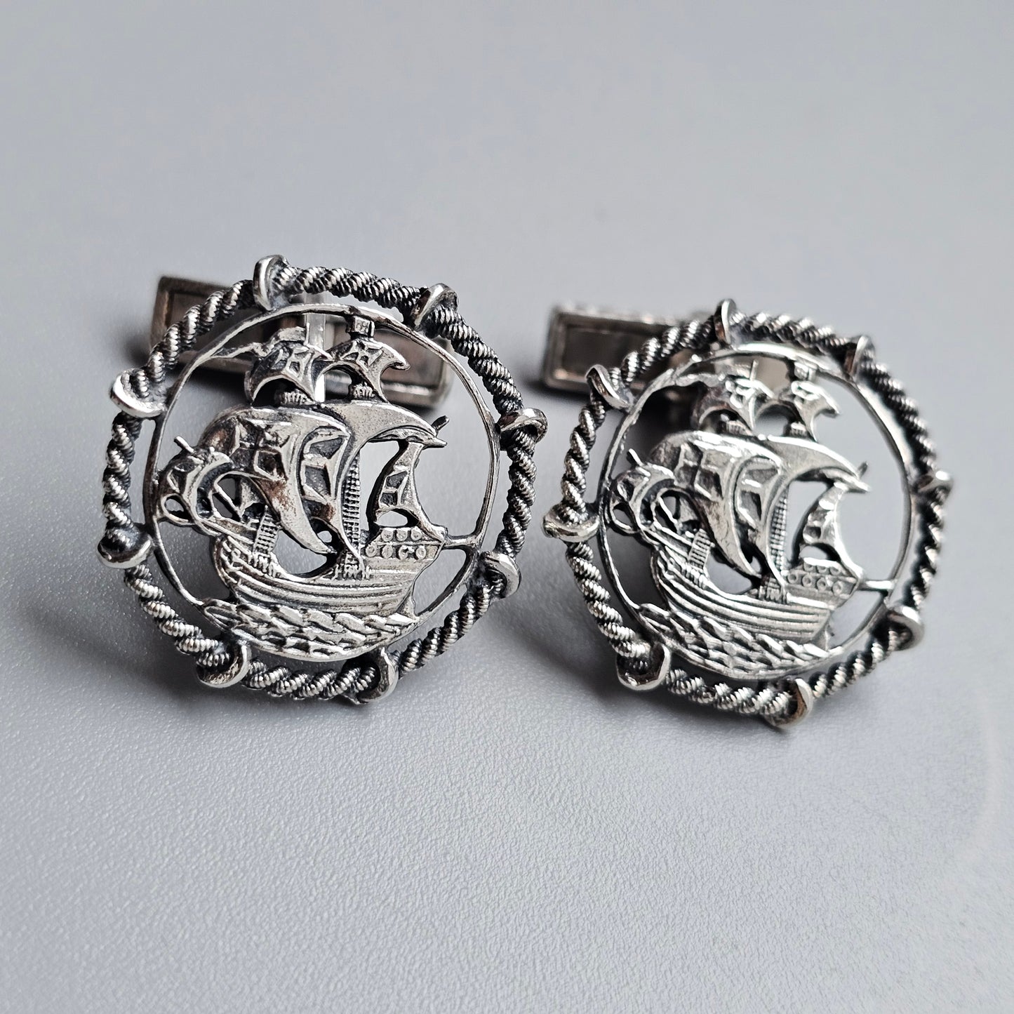 Vintage Portuguese Silver Nautical Galleon Ship Cufflinks