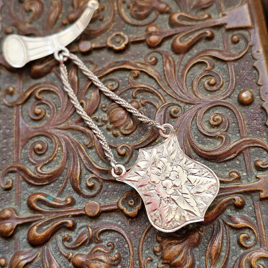 Antique Victorian Silver Horn Brooch with Hanging Shield Panel and Foxtail Chains - Clip to the rear