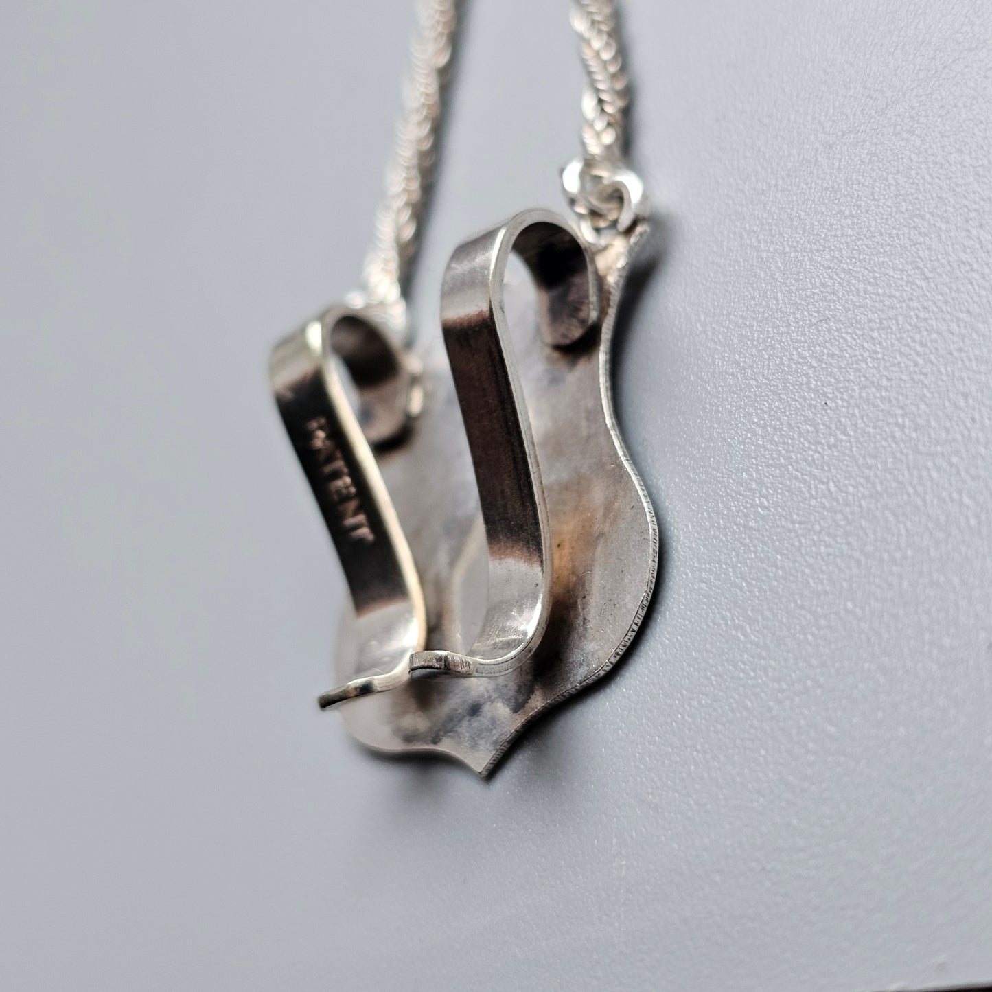 Antique Victorian Silver Horn Brooch with Hanging Shield Panel and Foxtail Chains - Clip to the rear