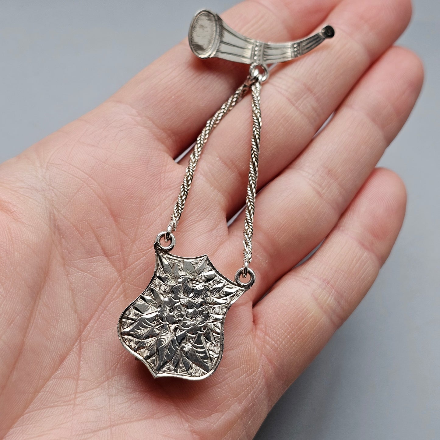 Antique Victorian Silver Horn Brooch with Hanging Shield Panel and Foxtail Chains - Clip to the rear