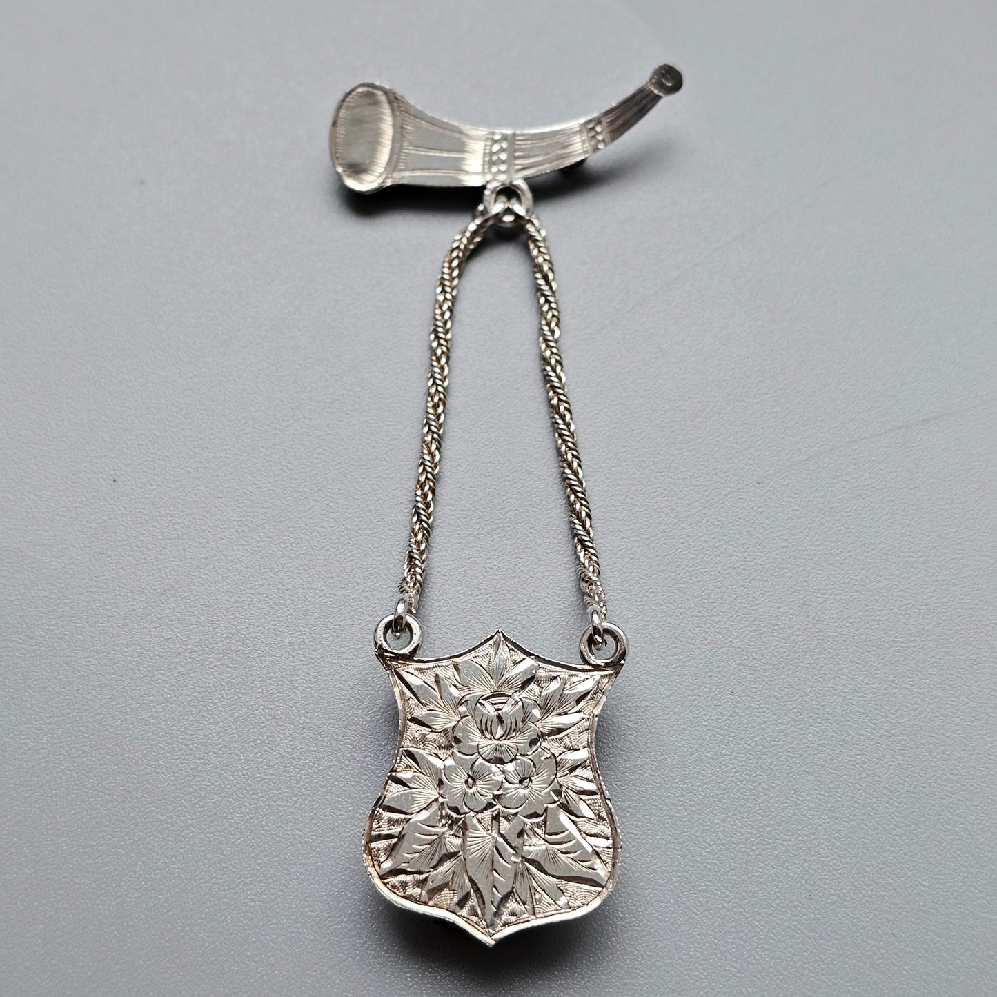 Antique Victorian Silver Horn Brooch with Hanging Shield Panel and Foxtail Chains - Clip to the rear