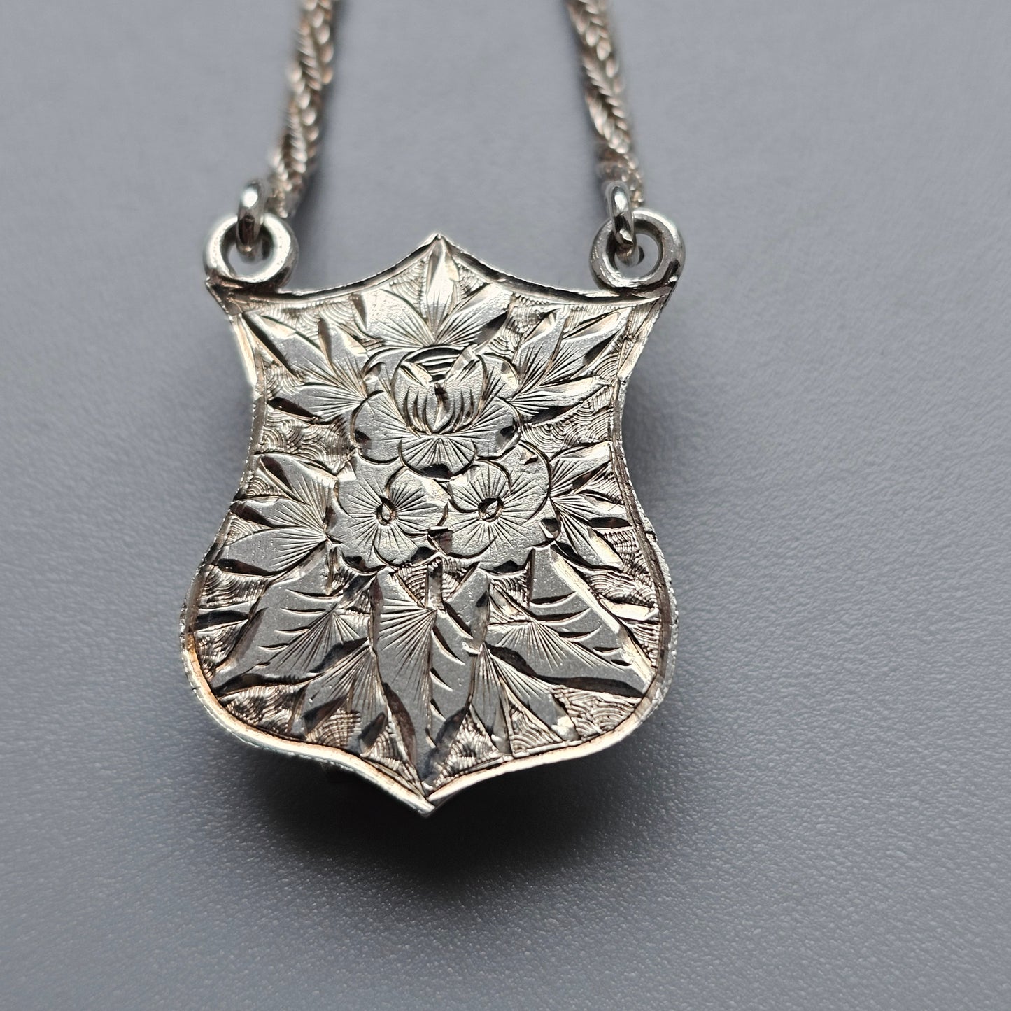 Antique Victorian Silver Horn Brooch with Hanging Shield Panel and Foxtail Chains - Clip to the rear