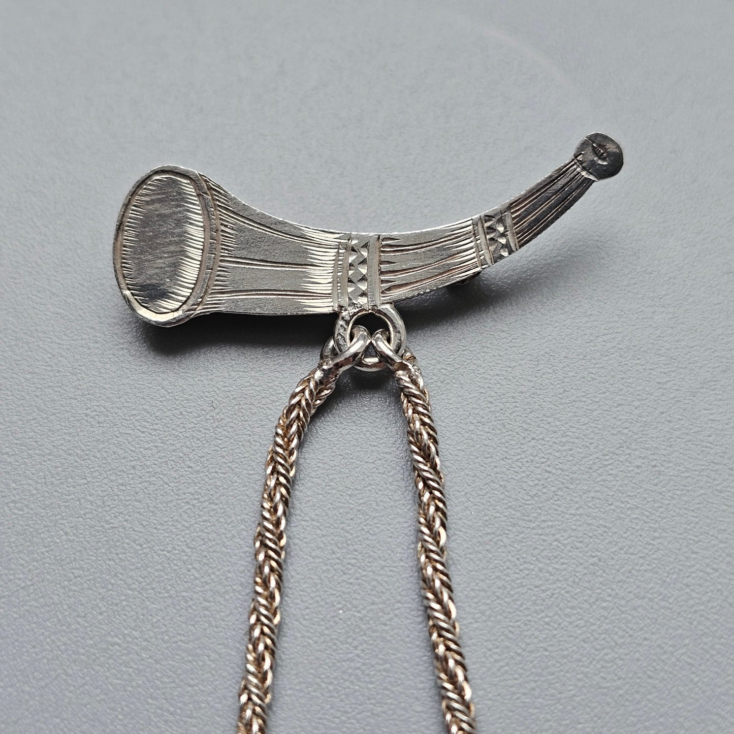 Antique Victorian Silver Horn Brooch with Hanging Shield Panel and Foxtail Chains - Clip to the rear