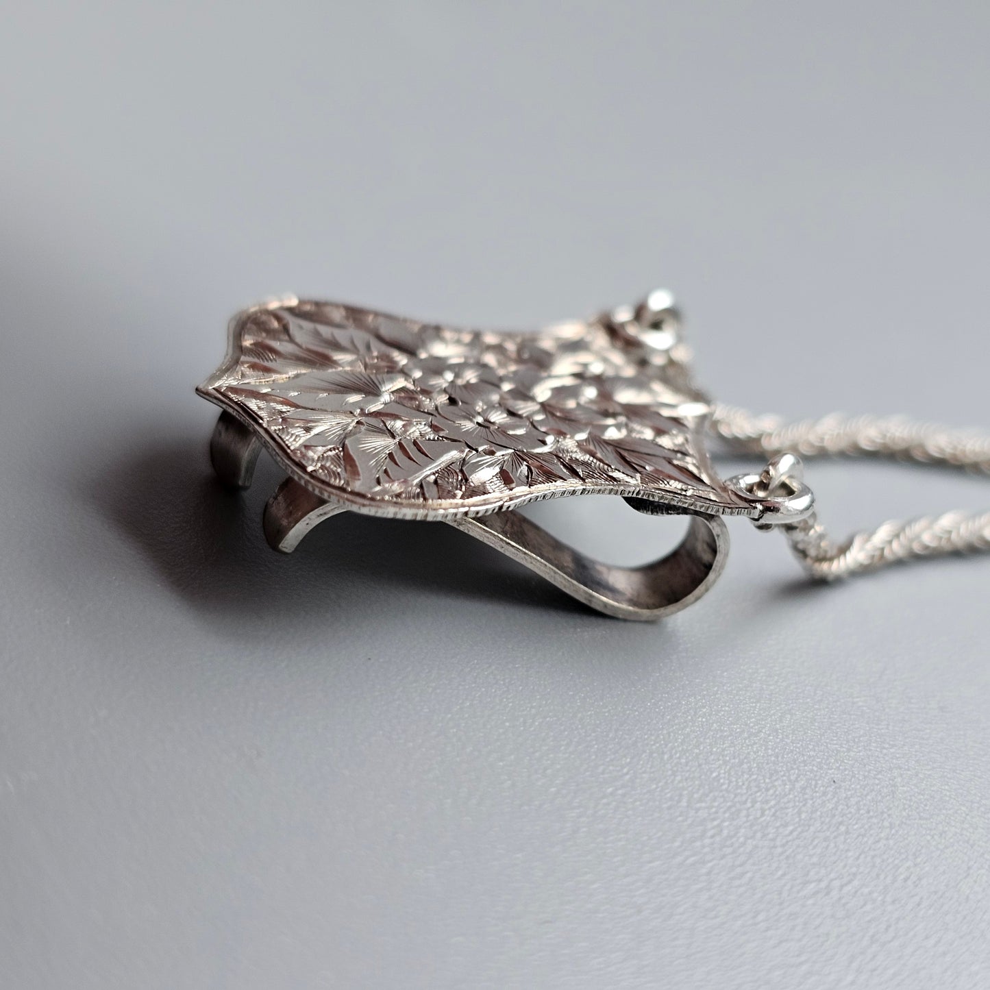 Antique Victorian Silver Horn Brooch with Hanging Shield Panel and Foxtail Chains - Clip to the rear