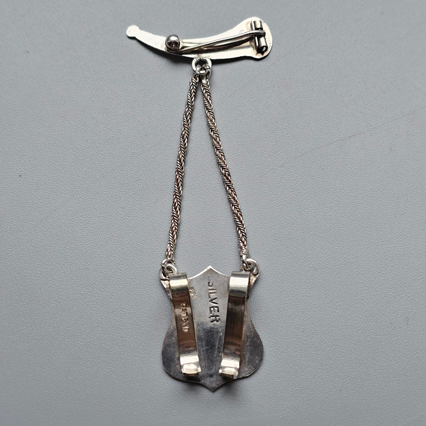 Antique Victorian Silver Horn Brooch with Hanging Shield Panel and Foxtail Chains - Clip to the rear