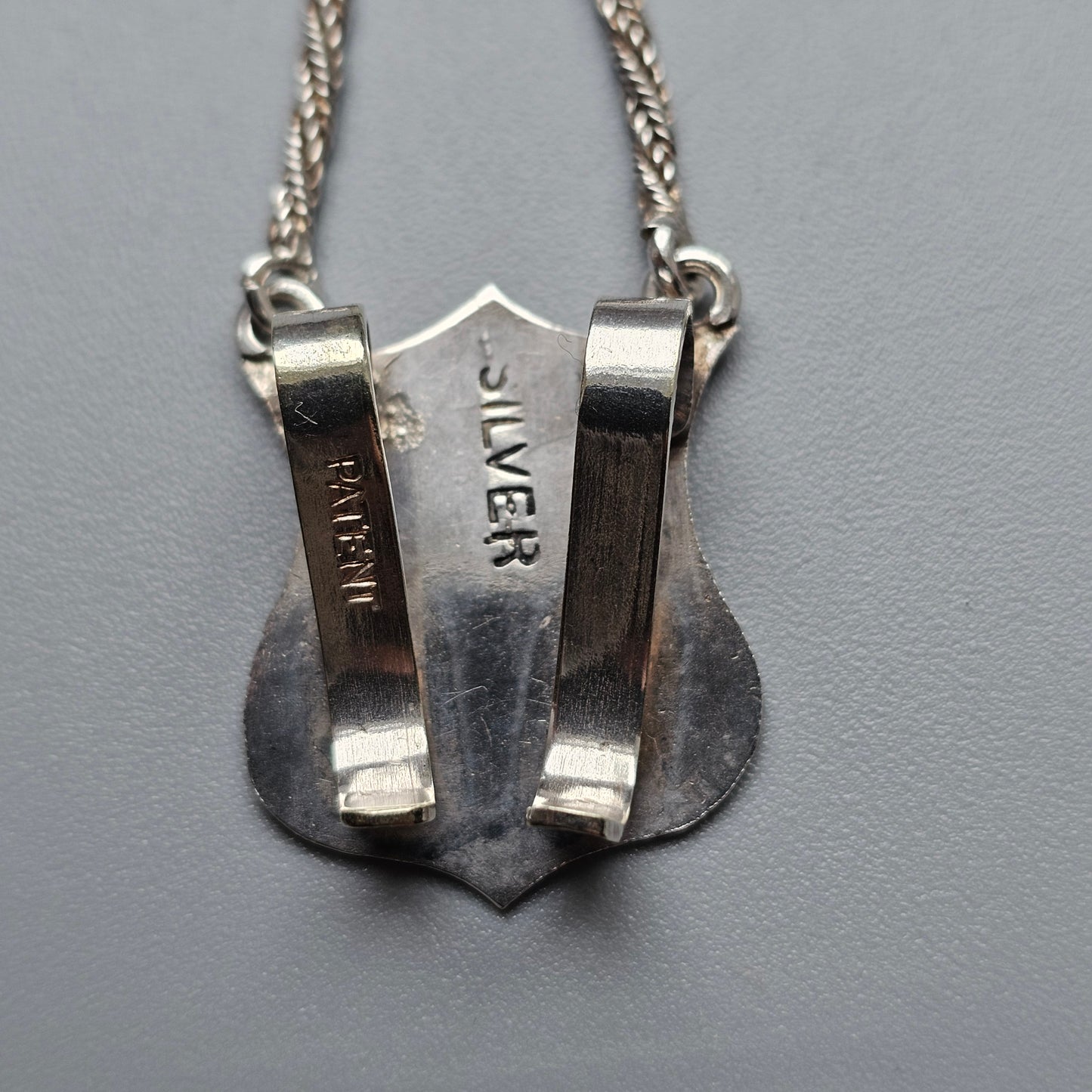 Antique Victorian Silver Horn Brooch with Hanging Shield Panel and Foxtail Chains - Clip to the rear