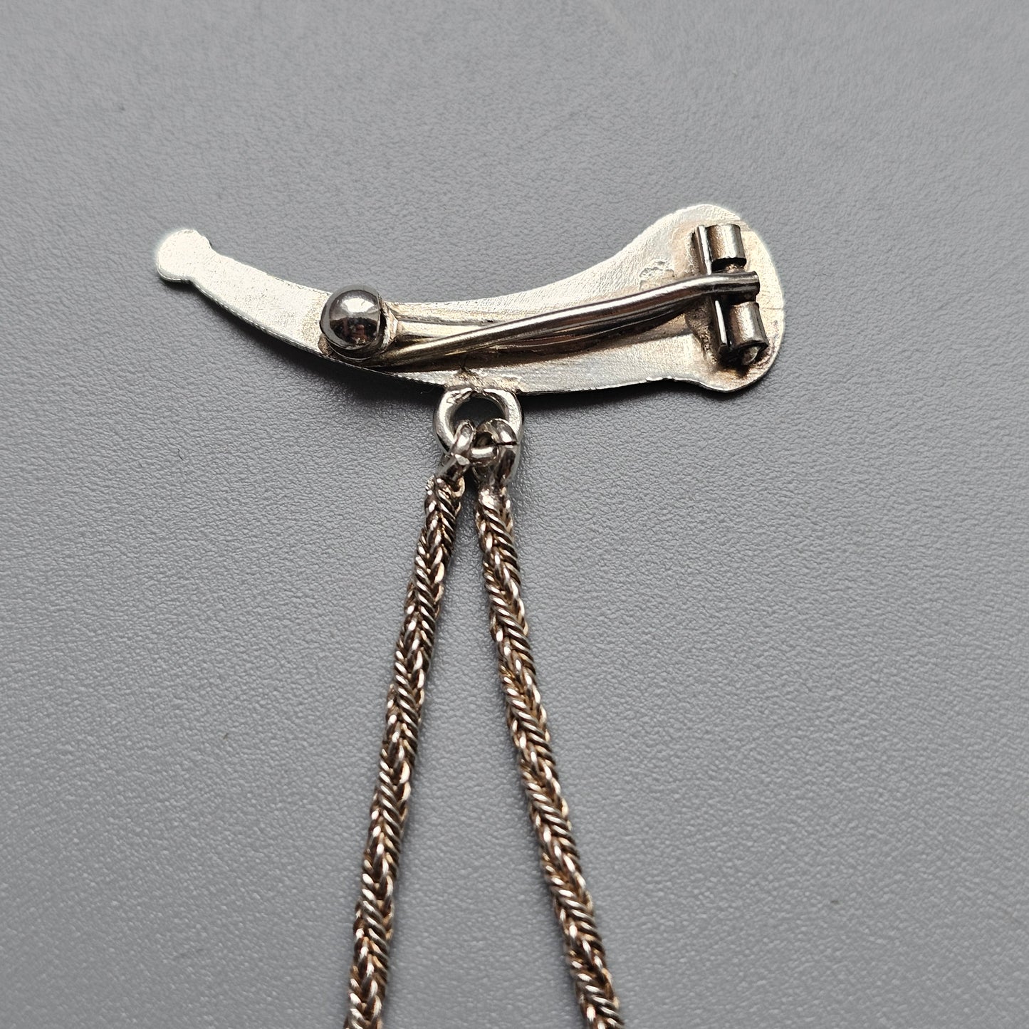Antique Victorian Silver Horn Brooch with Hanging Shield Panel and Foxtail Chains - Clip to the rear