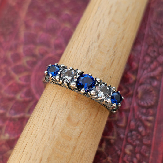 Vintage 1980s Hallmarked Sterling Silver with Clear & Blue Spinel Victorian Style Ring