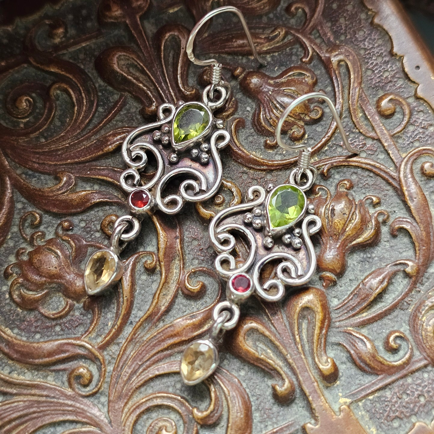 Sterling Silver Peridot Garnet and Citrine Drop Earrings