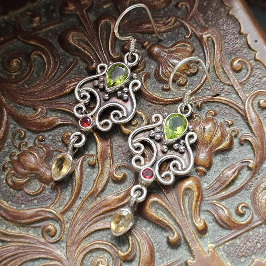 Sterling Silver Peridot Garnet and Citrine Drop Earrings