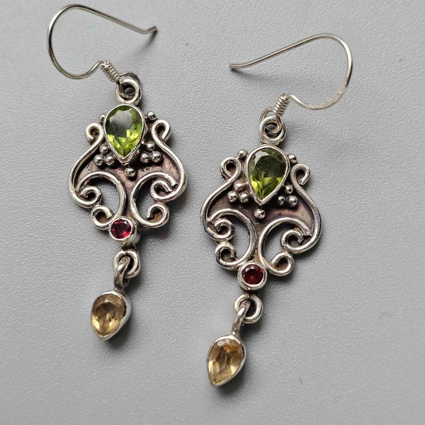 Sterling Silver Peridot Garnet and Citrine Drop Earrings