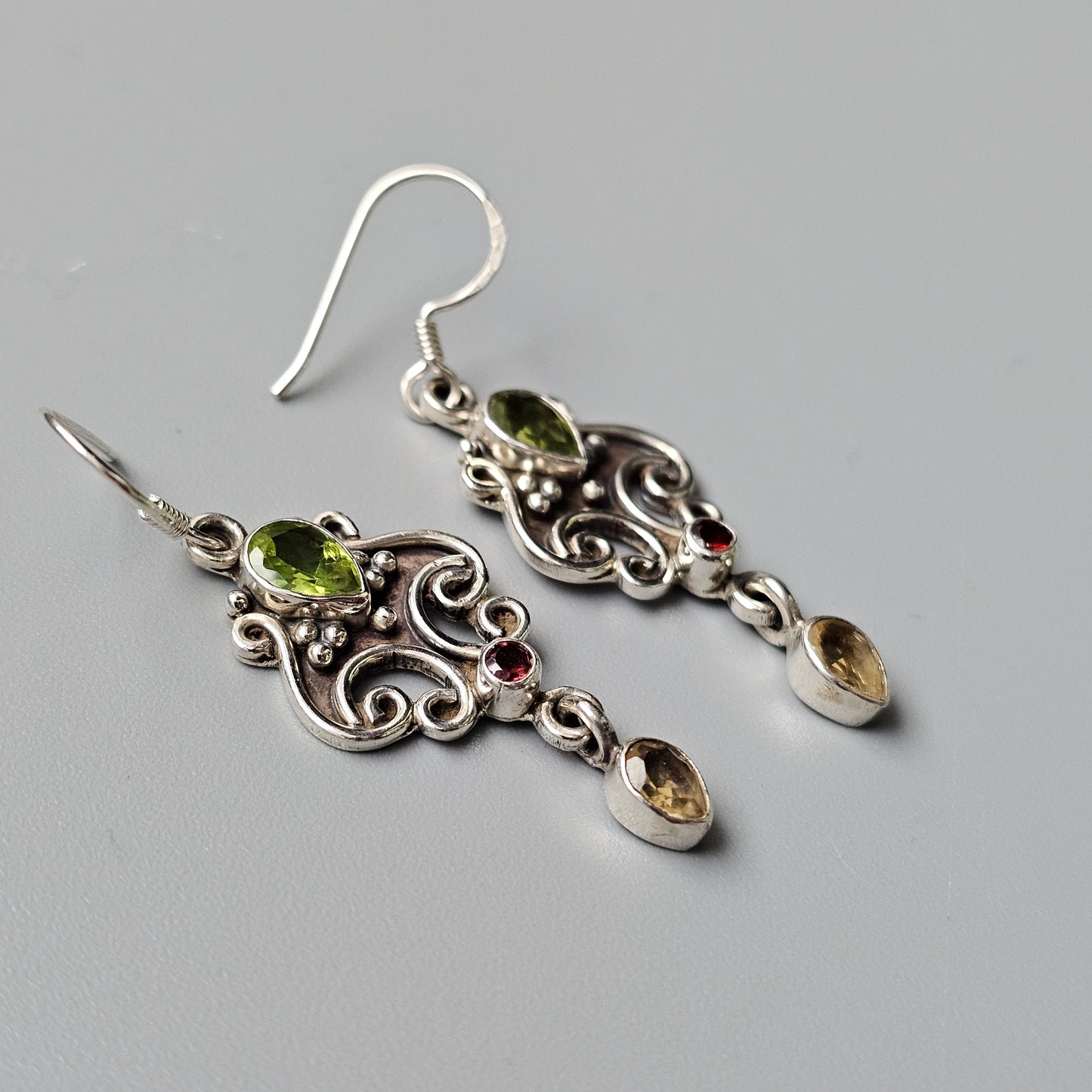 Sterling Silver Peridot Garnet and Citrine Drop Earrings