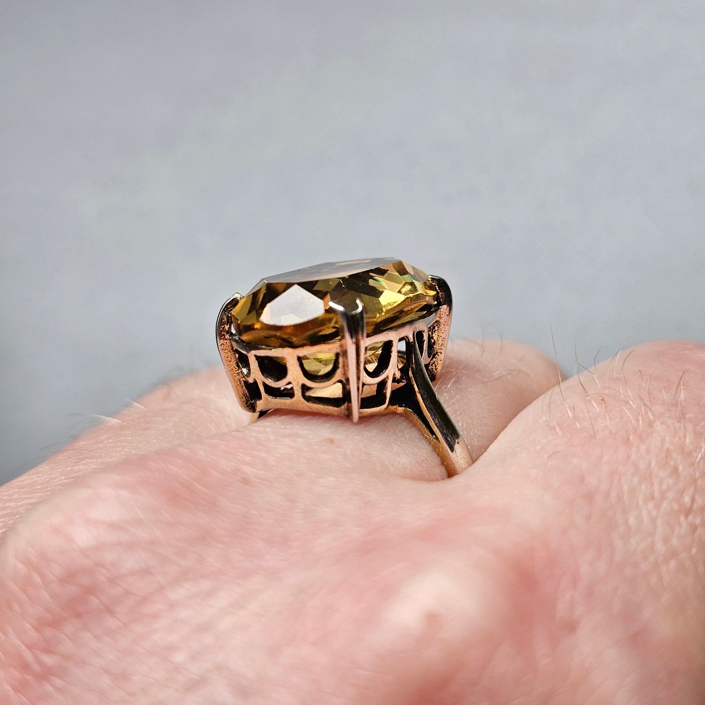 Vintage 1970s Gold Plated Sterling Silver with Citrine Style Glass Cocktail Ring