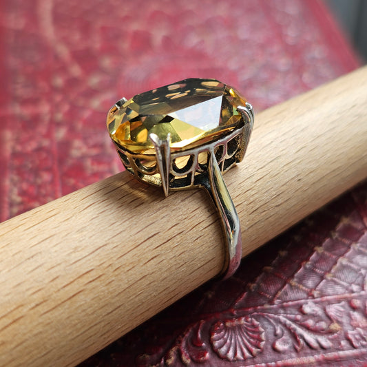 Vintage 1970s Gold Plated Sterling Silver with Citrine Style Glass Cocktail Ring