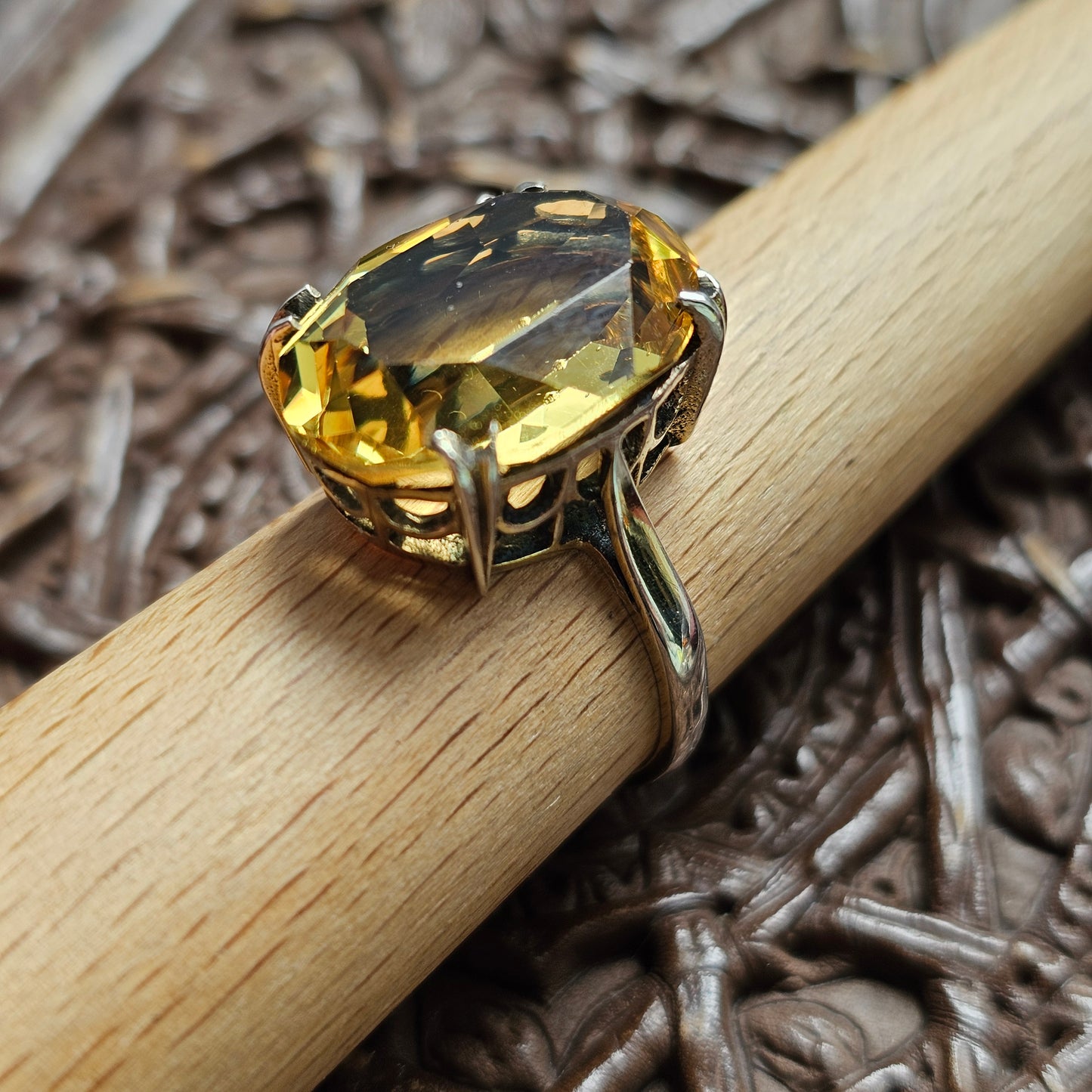 Vintage 1970s Gold Plated Sterling Silver with Citrine Style Glass Cocktail Ring
