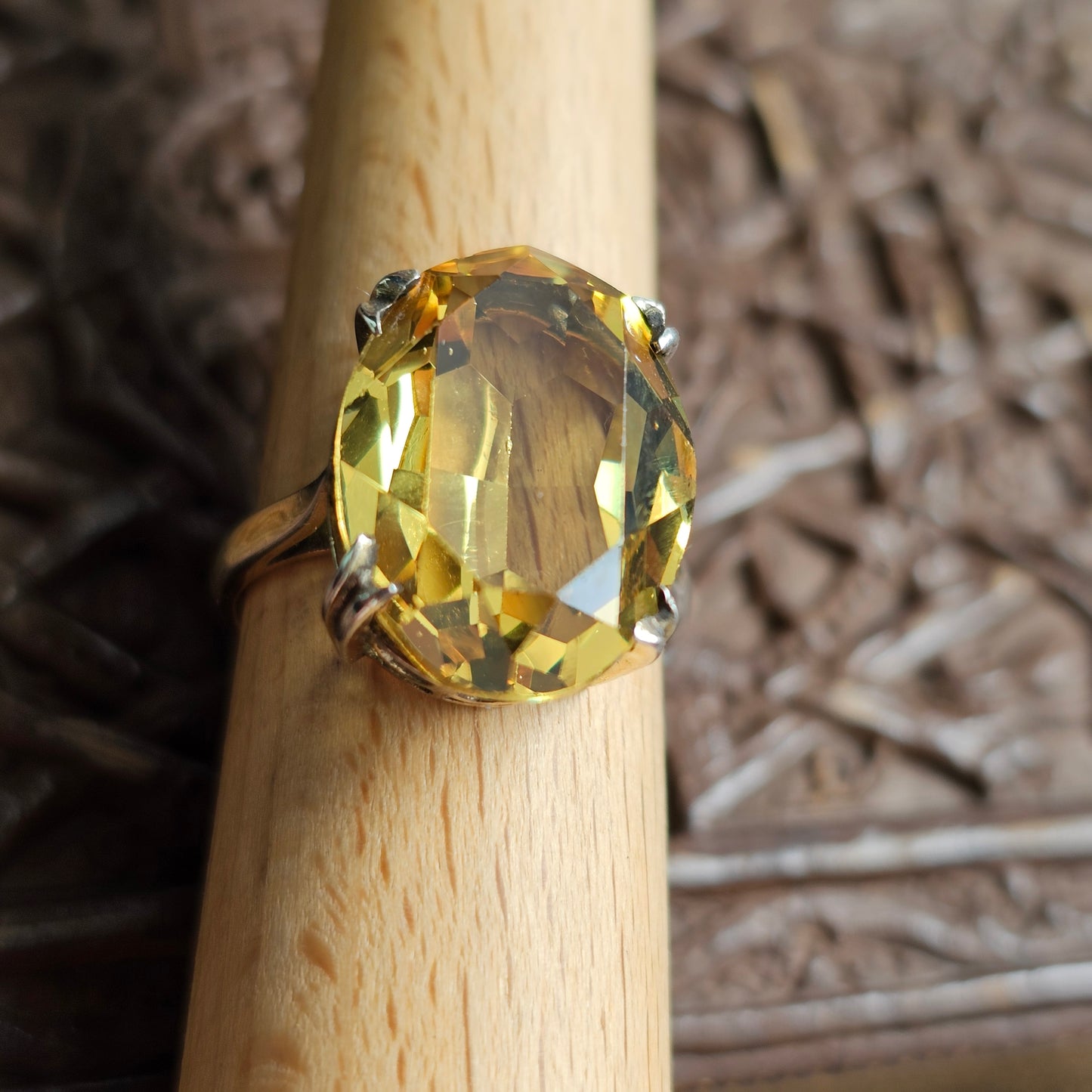 Vintage 1970s Gold Plated Sterling Silver with Citrine Style Glass Cocktail Ring