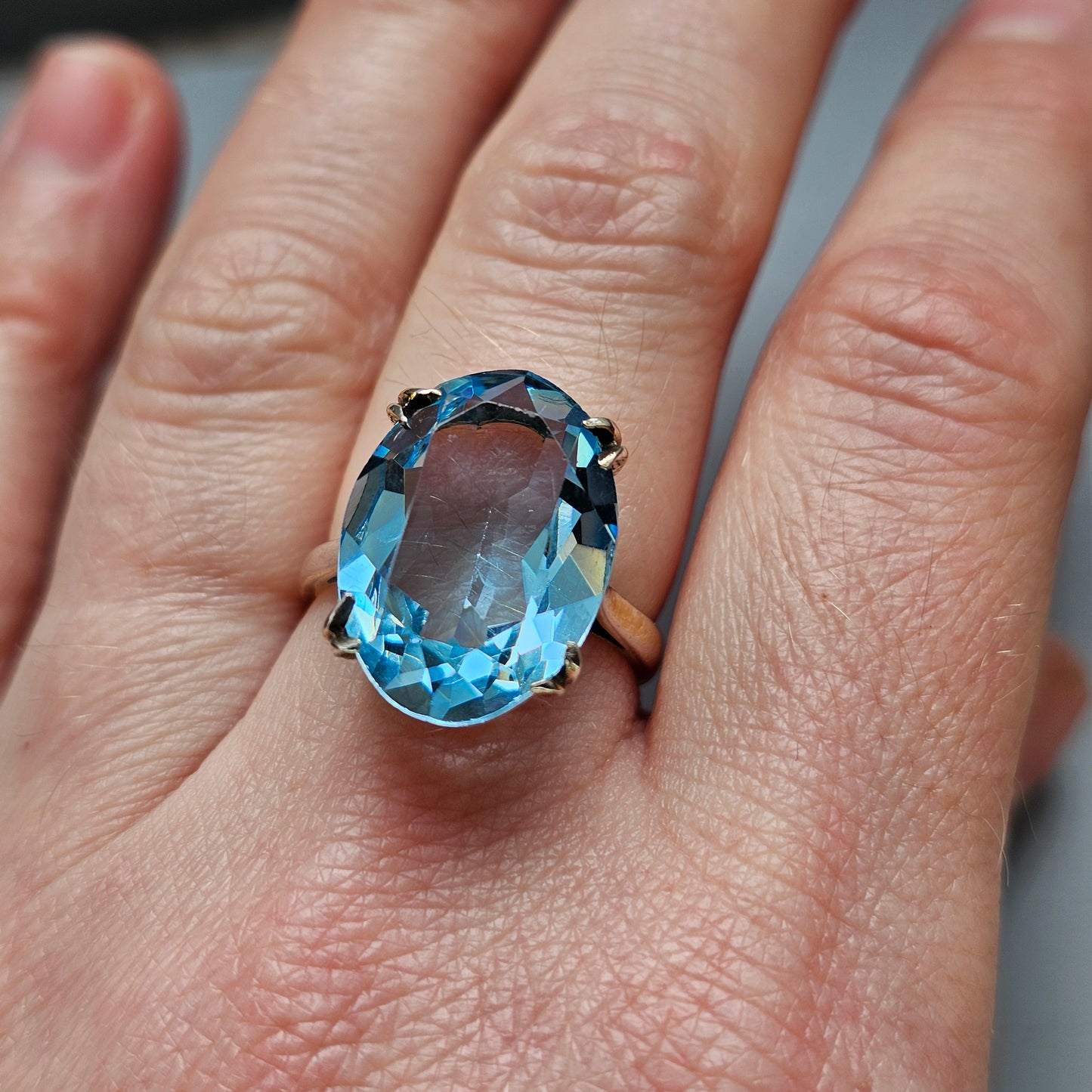 Vintage 1970s Gold Plated Sterling Silver with Blue Topaz Style Paste Cocktail Ring