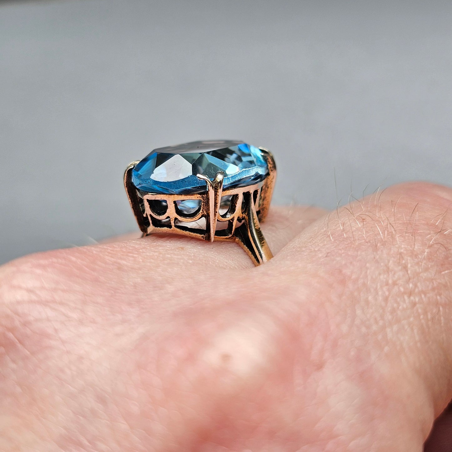 Vintage 1970s Gold Plated Sterling Silver with Blue Topaz Style Paste Cocktail Ring