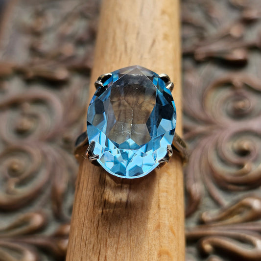 Vintage 1970s Gold Plated Sterling Silver with Blue Topaz Style Paste Cocktail Ring