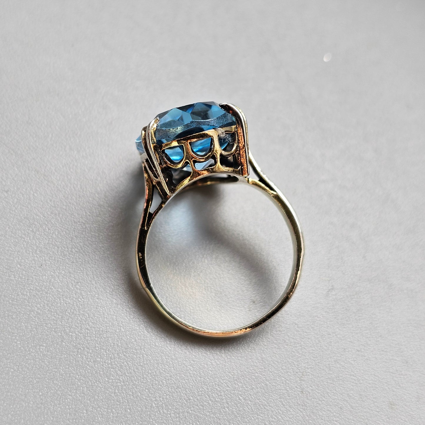 Vintage 1970s Gold Plated Sterling Silver with Blue Topaz Style Paste Cocktail Ring