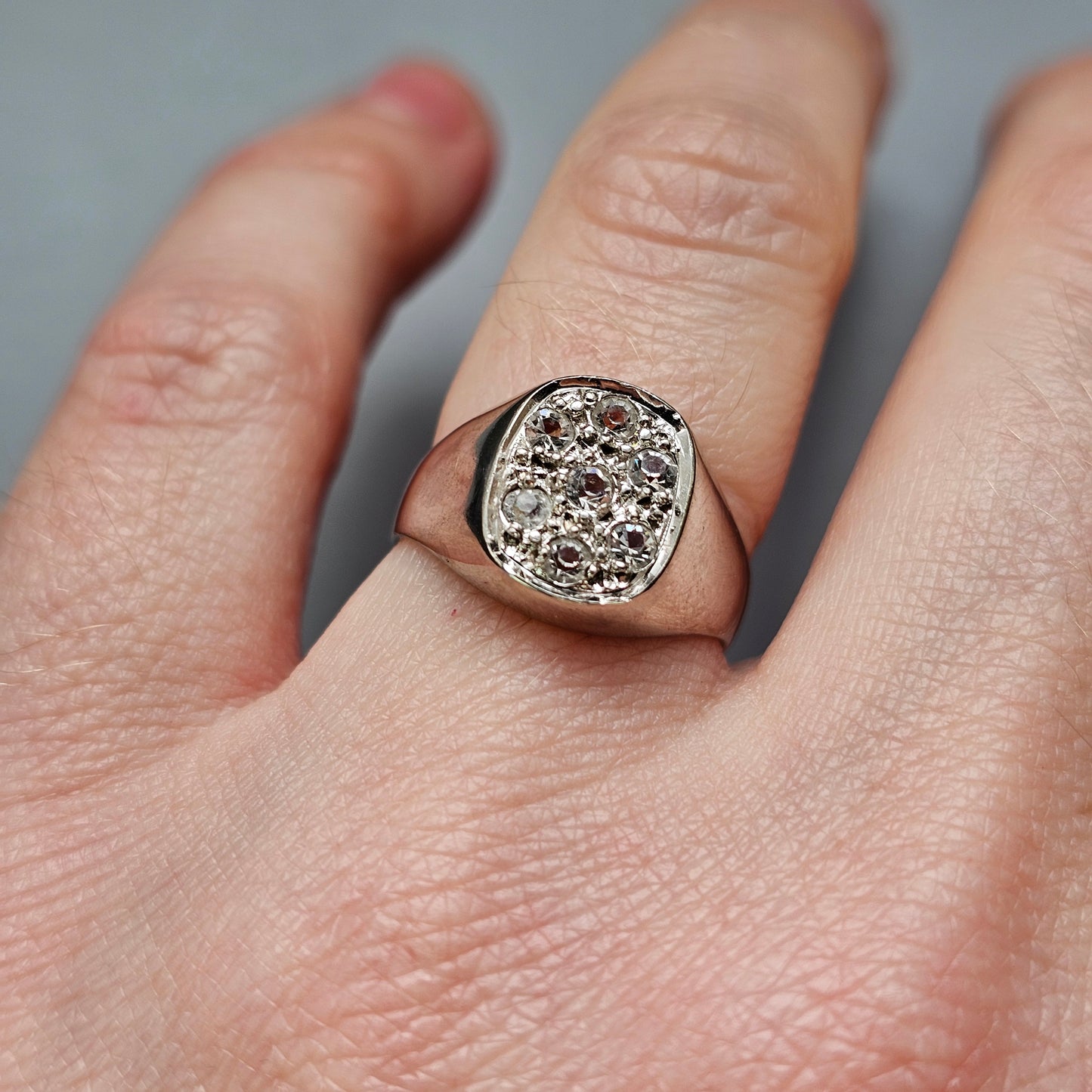 Vintage Silver Signet Style Ring with Glass Crystals