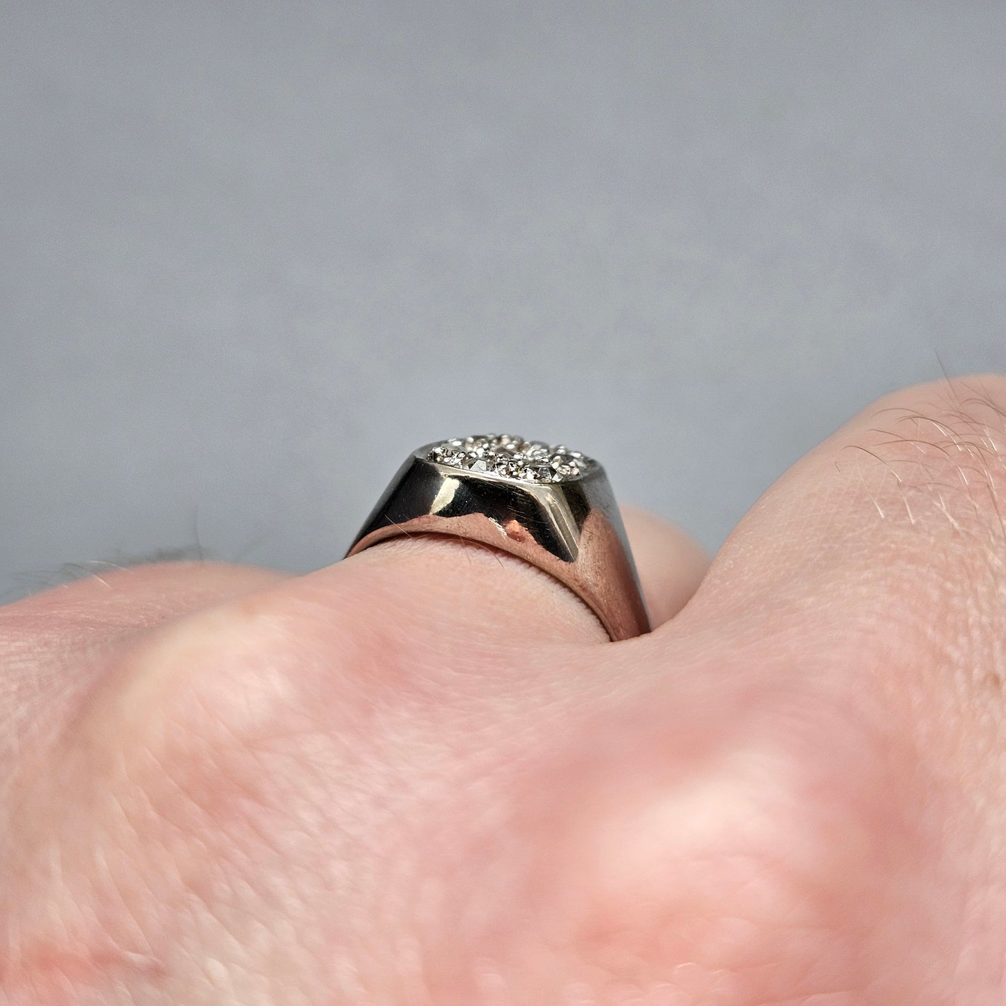 Vintage Silver Signet Style Ring with Glass Crystals
