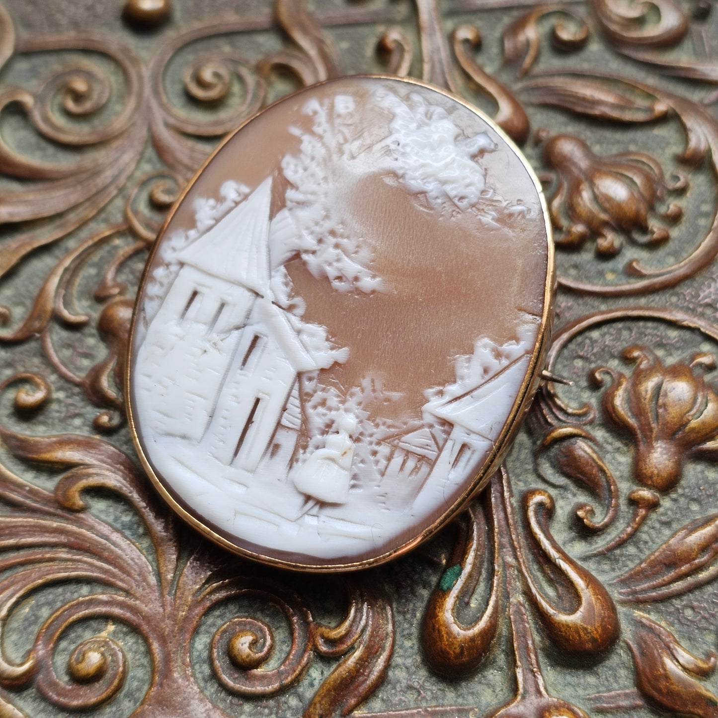 Antique Victorian Shell Cameo Brooch Rebekah at the Well Scenic Landscape Gold Tone Frame
