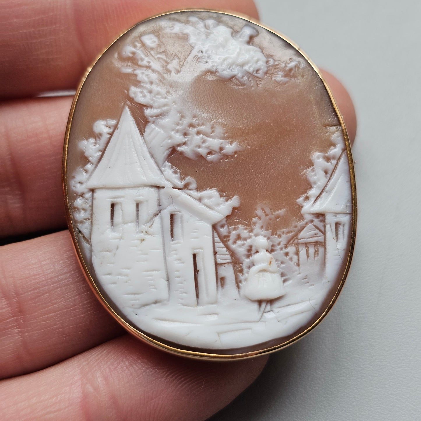 Antique Victorian Shell Cameo Brooch Rebekah at the Well Scenic Landscape Gold Tone Frame