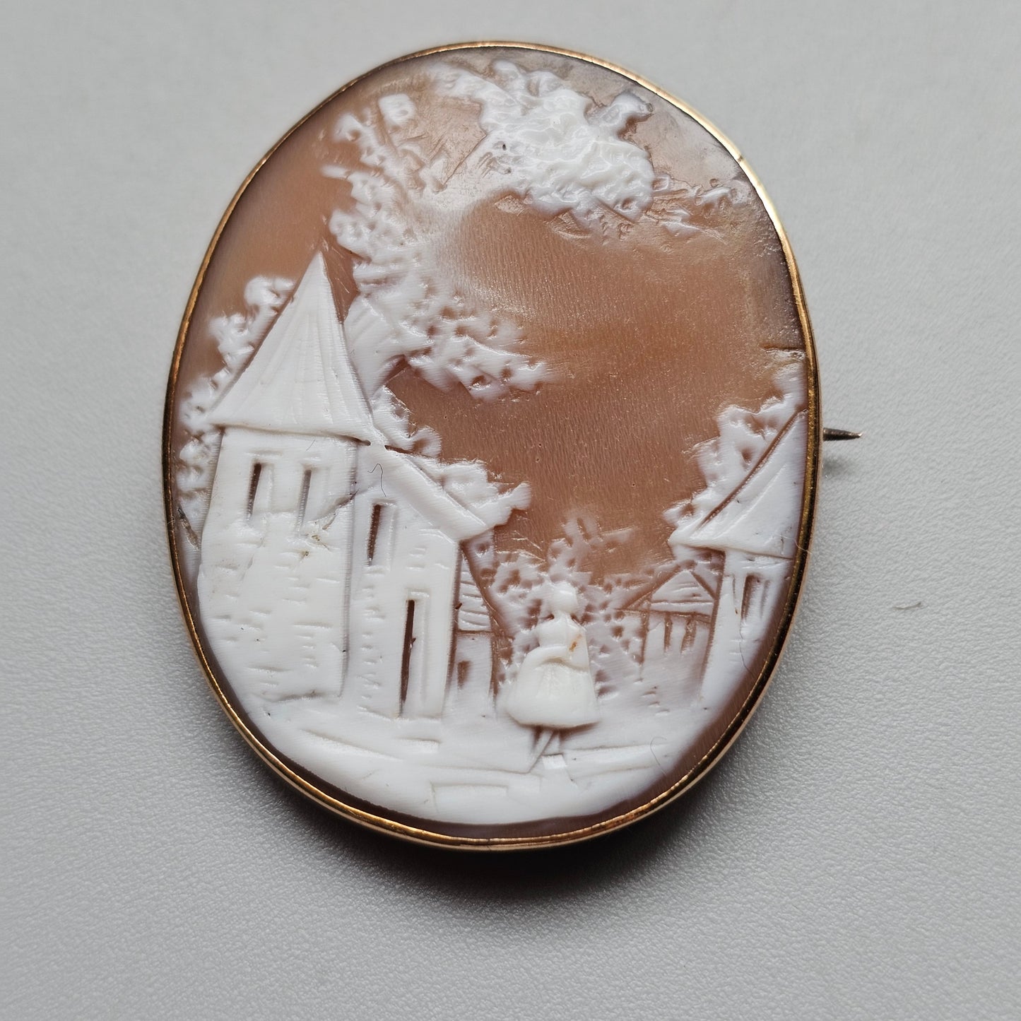 Antique Victorian Shell Cameo Brooch Rebekah at the Well Scenic Landscape Gold Tone Frame