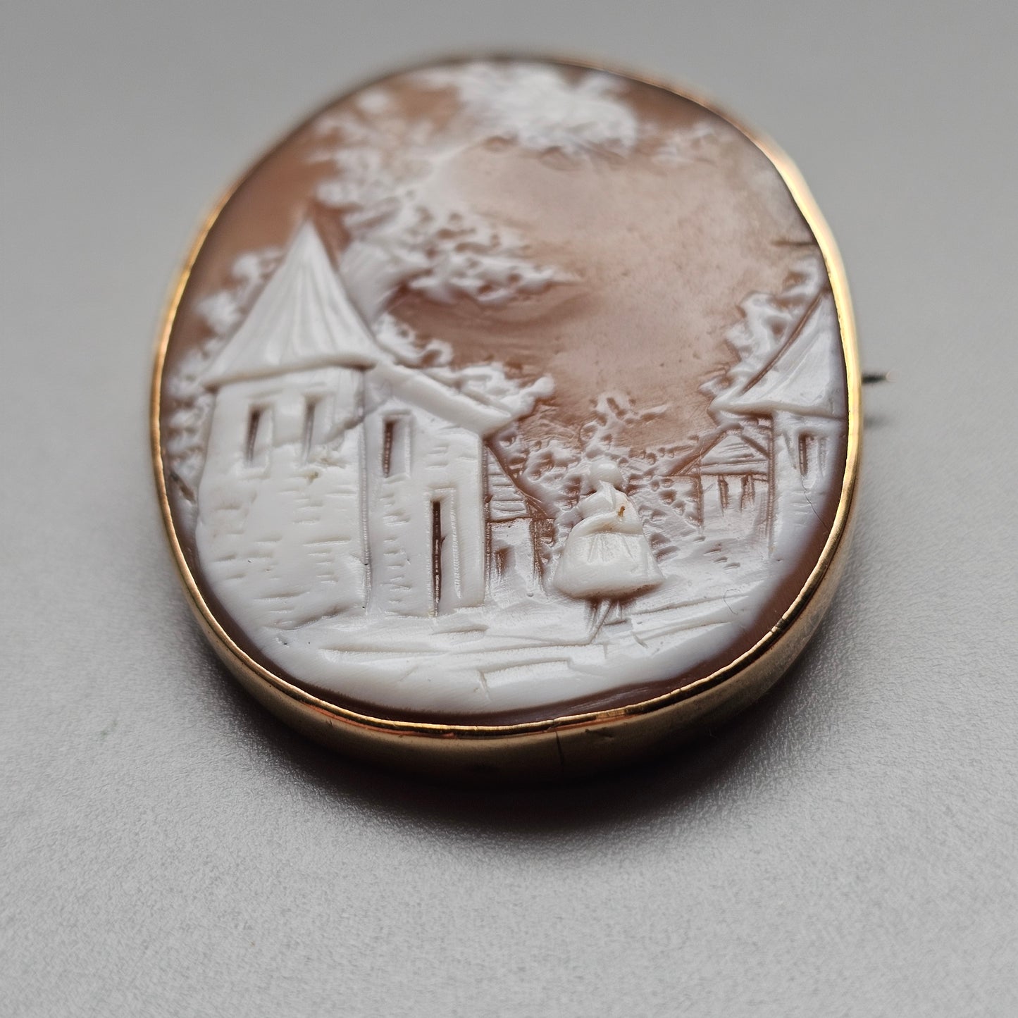 Antique Victorian Shell Cameo Brooch Rebekah at the Well Scenic Landscape Gold Tone Frame