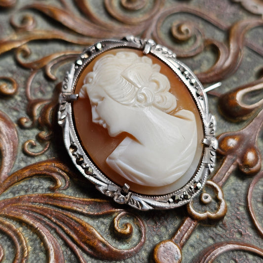 Vintage 900 Silver and Marcasite Shell Cameo Brooch Necklace Pendant