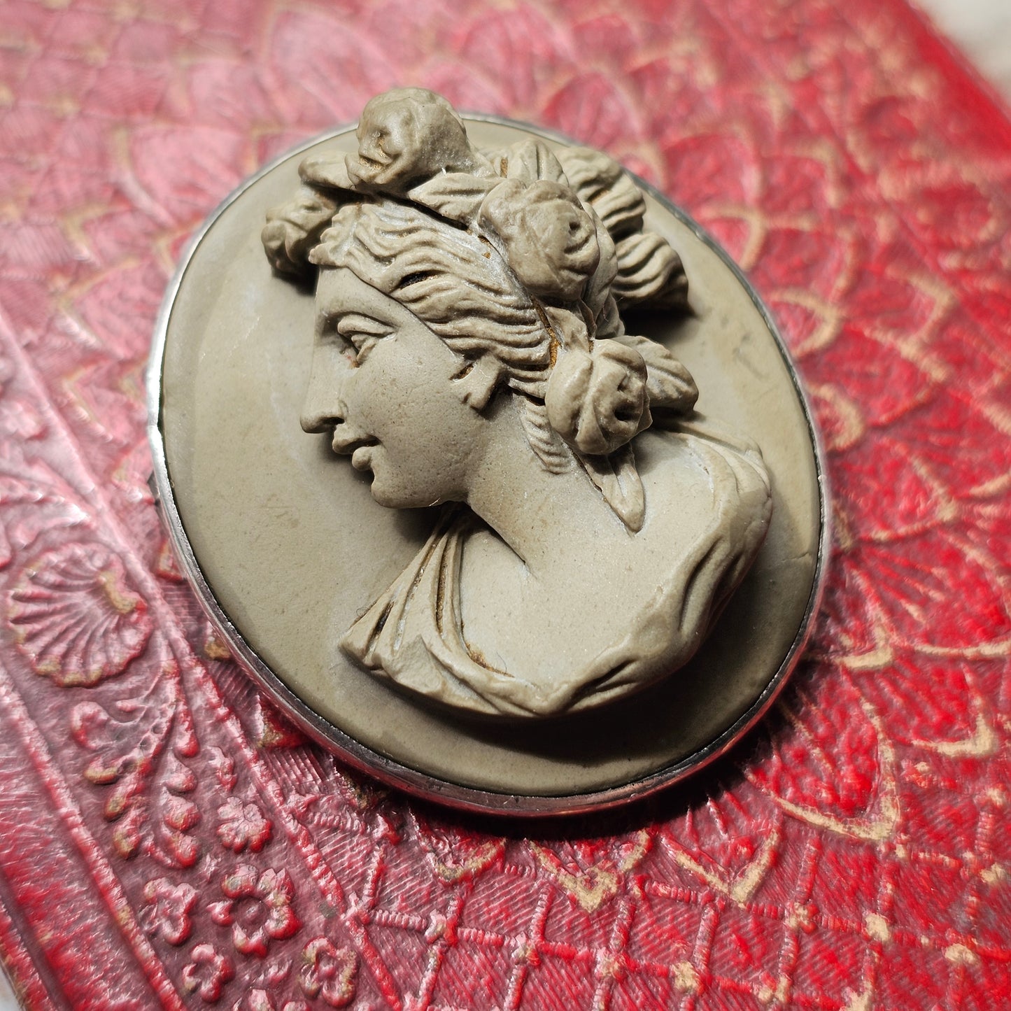 Antique Victorian Grand Tour Lava Cameo Brooch in Silver Frame