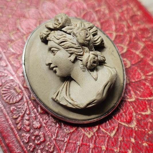 Antique Victorian Grand Tour Lava Cameo Brooch in Silver Frame