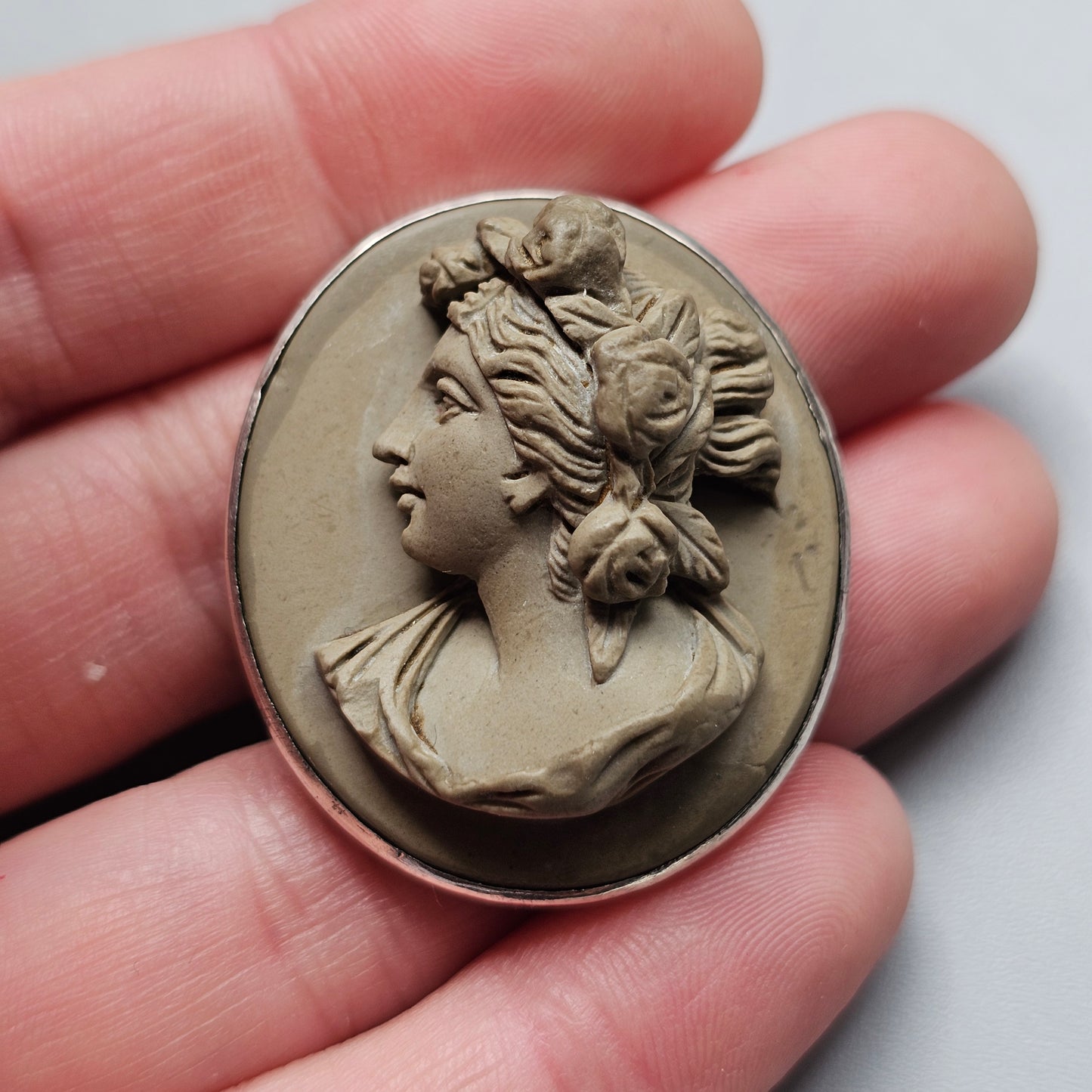 Antique Victorian Grand Tour Lava Cameo Brooch in Silver Frame