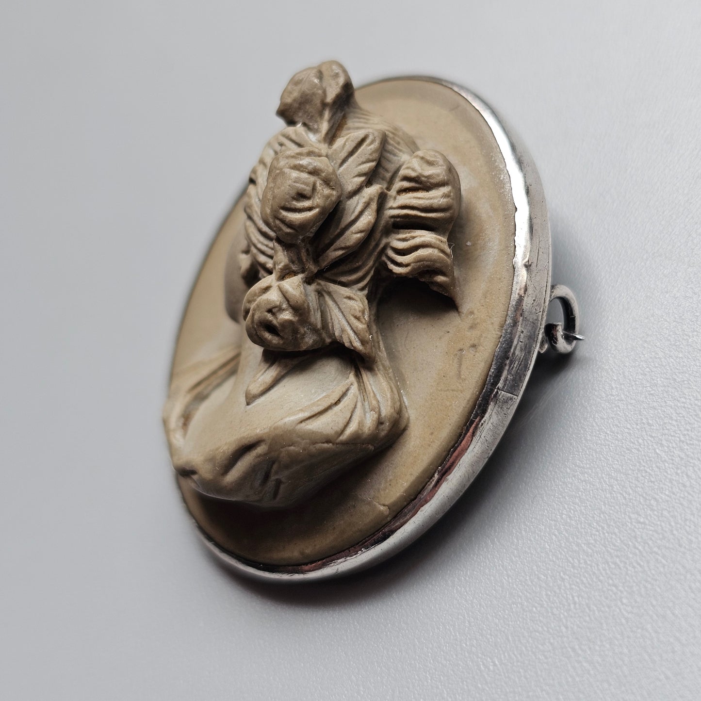 Antique Victorian Grand Tour Lava Cameo Brooch in Silver Frame