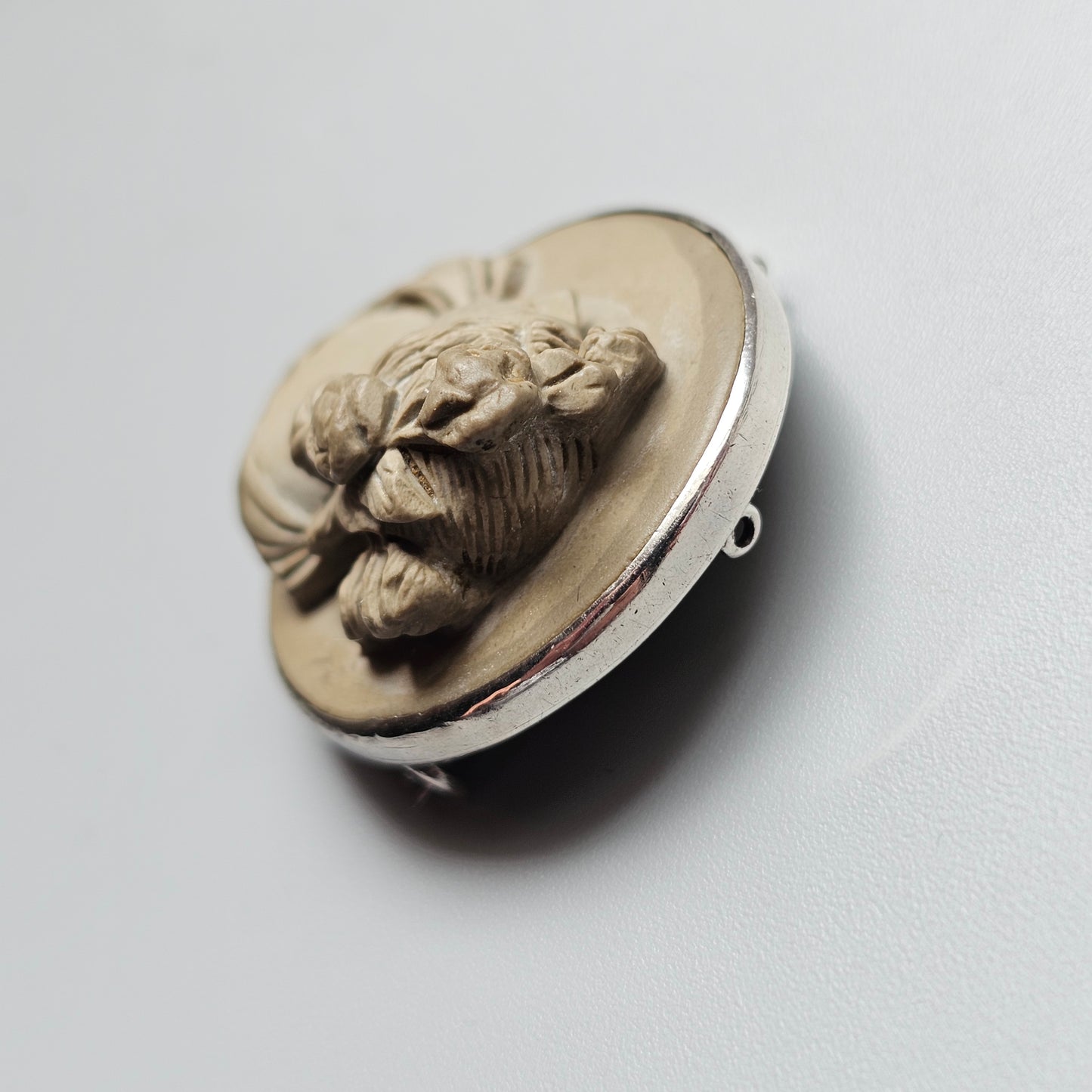 Antique Victorian Grand Tour Lava Cameo Brooch in Silver Frame