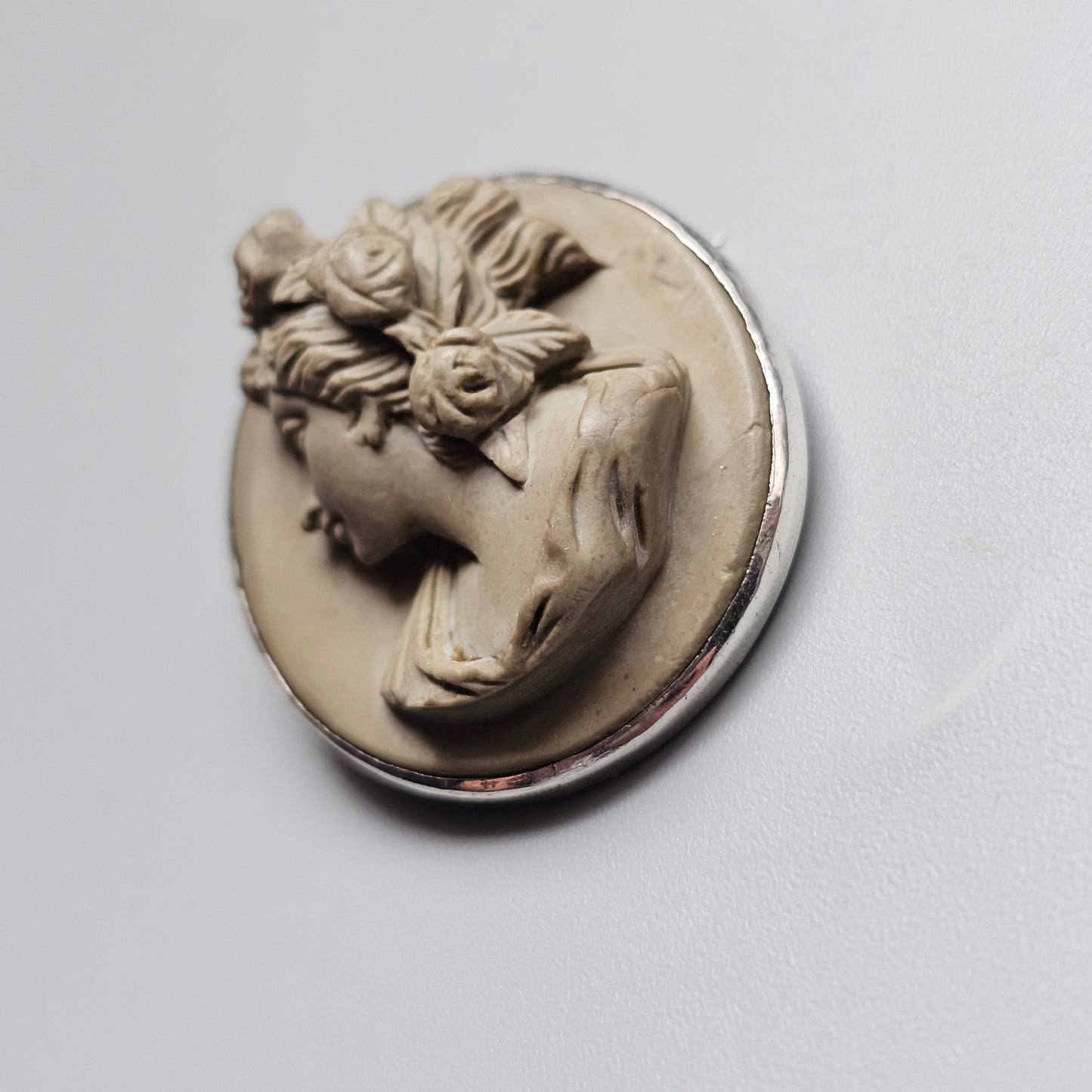 Antique Victorian Grand Tour Lava Cameo Brooch in Silver Frame